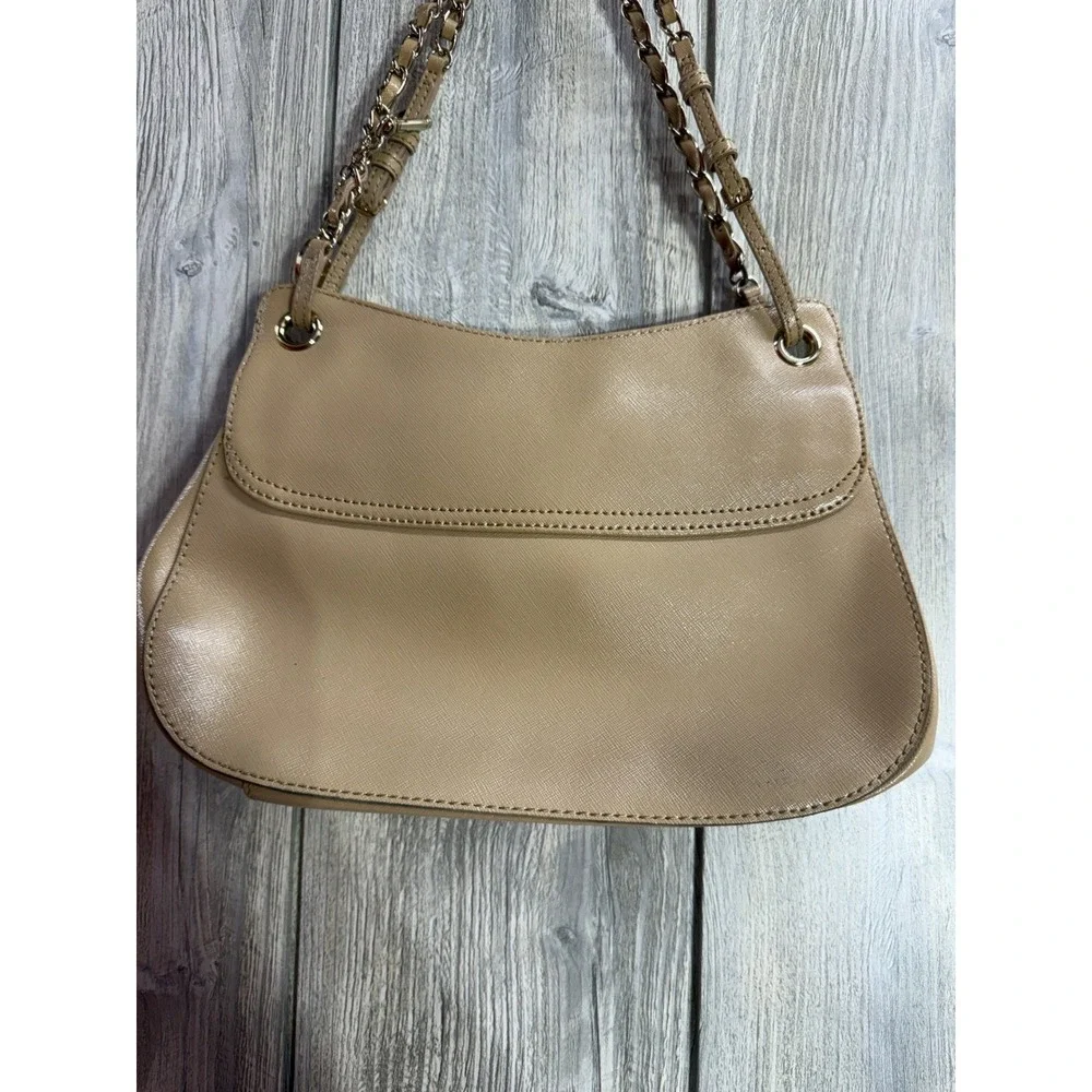 DKNY Beige Saffiano Leather Shoulder Bag Gold Chain Flap Crossbody Tan Handbag